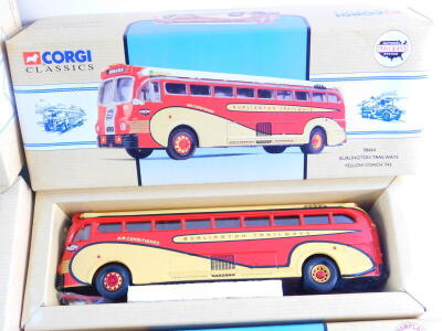 A Corgi die cast demonstration bus, MCI-102 DL3., Peter Pan Birthday bus., Burlington Trailways yellow coach 743, and a Chapman yellow coach 743, all boxed. (4) - 3