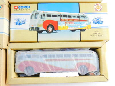 A Corgi die cast demonstration bus, MCI-102 DL3., Peter Pan Birthday bus., Burlington Trailways yellow coach 743, and a Chapman yellow coach 743, all boxed. (4) - 5