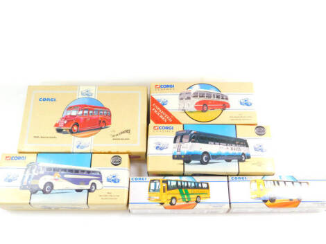 A Corgi die cast Felix Coaches of Bedford OB coach, New York Worlds Fair yellow coach 743, yellow coach Waves., Plaxton Paramount coach Southend., Birmingham Seagull coach., Trent Motor Traction Company, and a Plaxton Paramount Highwayman, all boxed. (5)