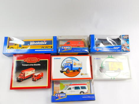 A Corgi die cast NSPCC Bedford van, Youngster's Bedford O series van, Weetabix Scammel container, and further vehicles, all boxed. (7)