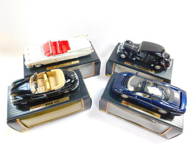 Four Maisto die cast special edition motor cars, scale 1:18, boxed, comprising Citroen CV6 cyl 1956, BMW 502 1955, Jaguar XJ220, and a Cadillac Eldorado 1959. (4)