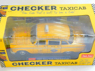 A Sunstar die cast chequer taxi cab, scale 1:18, 1981, in New York, together with a Majorette Club Ford Pickup 1936, scale 1:18, 4404, a Gilo special edition die cast VW beetle 1951, all boxed. (3) - 3