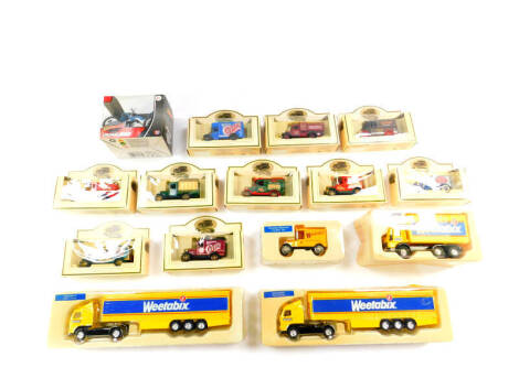 Four Corgi die cast Weetabix lorries, vintage trucks, Lledo vintage die cast trucks and a Roadsterz quad bike. (15)