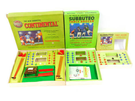 A Subbuteo table soccer, continental club edition, together with a continental display edition, and the new Subbuteo continental table soccer, including flood lighting, all boxed. (3)