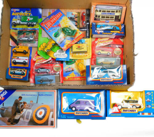 Corgi Matchbox and other die cast vehicles, 50th Anniversary Battle of Britain set, Thunderbirds pull back action vehicle, Simpson's nuclear waste van, etc, all boxed. (a quantity)