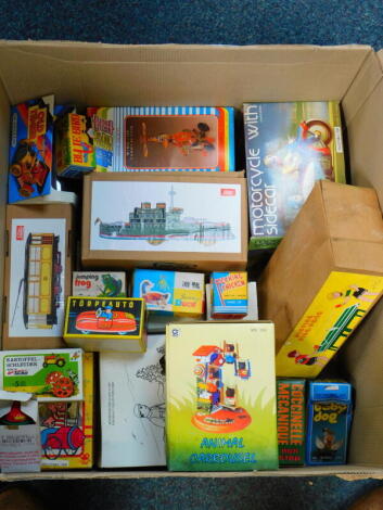 Chinese and other tin plate toys, including a ping pong, motorcycle and side car, 1905 Dreadnought tram car and a wind up duck on bike, all boxed. (a quantity)