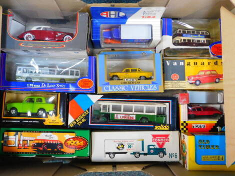 Solido Polistil Vanguard and other die cast motor cars, buses, lorries and vintage vehicles, all boxed. (a quantity)