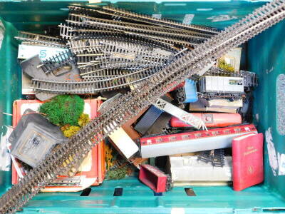 Hornby OO gauge coaches, wagons, track, controller, etc. (1 box)