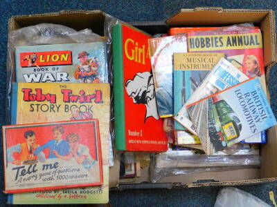 Children's annuals, including The Modern Boy's, Hobbies, and Lion, Hobbies Handbooks 1939, and further printed ephemera. (1 box)