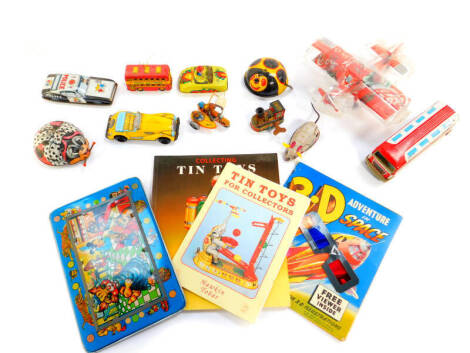 Vintage tin plate toys, including NSFTF bus, ladybirds police car and a sports car, 3D adventures in space, and sundry toys. (1 tray)