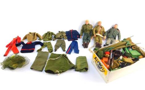 Three Action Men figures, together with uniforms, helmets, guns, pistols, backpacks, etc. (1 box)