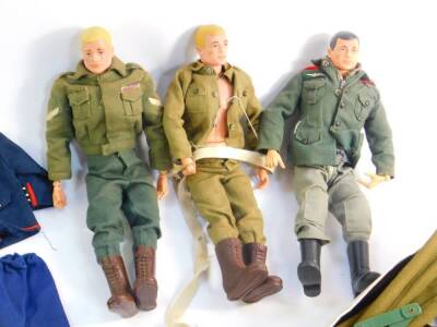 Three Action Men figures, together with uniforms, helmets, guns, pistols, backpacks, etc. (1 box) - 3