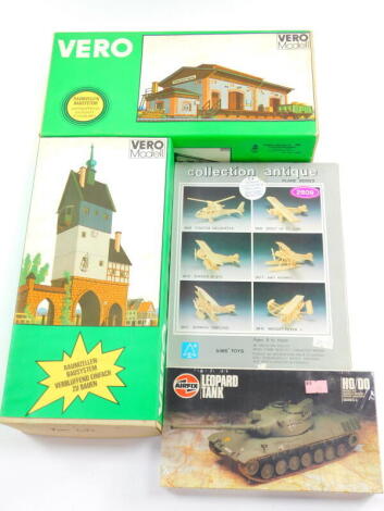 Two Vero models, of a goods station and a town gate, together with an Airfix model of a Leopard tank, and an Aymes Toys Plane Series model of 'The Spirit of Saint Louis', 2609, all boxed. (4)