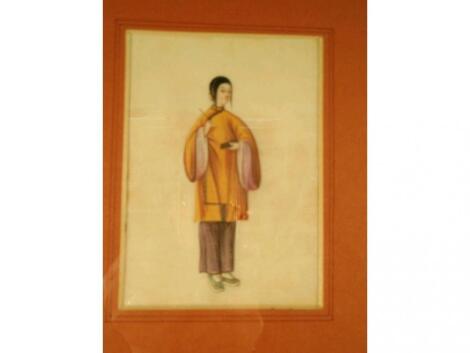 19thC Chinese School. Four pith paper watercolours depicting figures with a sampan