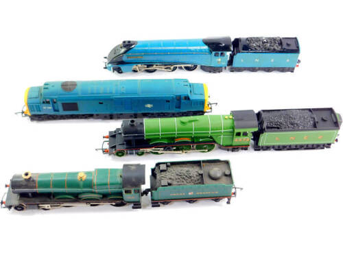 A Hornby OO gauge LNER locomotive 'Flying Scotsman', green livery, 4-6-2, 4472, R845, Great Western 'Kneller Hall', green livery, 4-6-0, 5934, LNER locomotive 'Sparrow Hawk', over painted in blue, 4-6-2, 18, and a class 37 diesel locomotive, boxed incorre