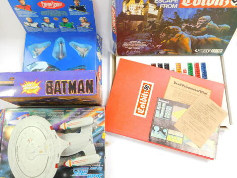 Games and toys, comprising Escape from Colditz, a Batman and Batmobile with rocket launcher, Captain Scarlet Spectrum command team and a Van Day play mates Star Trek, The Next Generation Starship Enterprise, all boxed. (4)