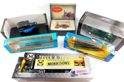 A Minichamps die cast model of a Morris Minor, scale 1:18, Rico model of an Austin 7 Deluxe saloon 1932, Corgi John Fowler & Company Leeds Limited Fowler B6 stump cutter "Super Lion", and three further vehicles, all boxed. (6)