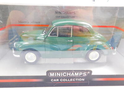 A Minichamps die cast model of a Morris Minor, scale 1:18, Rico model of an Austin 7 Deluxe saloon 1932, Corgi John Fowler & Company Leeds Limited Fowler B6 stump cutter "Super Lion", and three further vehicles, all boxed. (6) - 6