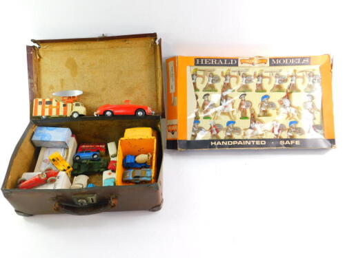 Corgi Matchbox and other die cast vehicles, including a Corgi Karrier Game, Dinky Alpha Romeo racing car and a Tonka tipper truck, mostly unboxed, play worn, together with a Herald models set of Trojan warriors, 7599, boxed. (2)