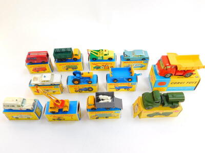 Lesney Matchbox die cast vehicles, boxed, comprising a jumbo crane, 11, hay trailer 40, Ford tractor 39, Land Rover fire truck, 57, Ford Zodiac 53, cattle truck 37, Mercedes Benz "Binz", ambulance 3, police car 55, stake truck 4, and a Dodge wreck truck 1