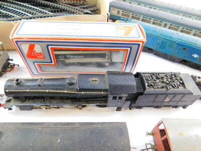 A Graham Fairsh OO gauge GP5 locomotive and tender, British rail black livery, 4-6-0, Hornby 37 series diesel locomotive, Inter City coaches, further coaches, wagons, track and a controller, etc. (a quantity) - 4