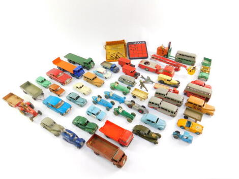 Dinky Corgi and other die cast sports cars, vintage vehicles buses, trucks, etc, play worn, together with a De Bono L game. (1 tray)