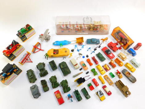 A Crescent toys model of the Royal State Coach, The Queen's Silver Jubilee 1977, boxed, three Corgi Classics motor cars, boxed, Corgi Protius Campbell Bluebird, further die cast motor cars and military vehicles, Scalextrix, Lister Jaguar and sundries. (2 