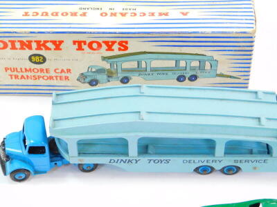 A Dinky toys diecast Pullmore car transporter, number 1982, together with a loading ramp, 994, Bristol 450 sports coupe 163, all boxed, and a Dinky Blaw Knox bulldozer, unboxed. (4) - 3