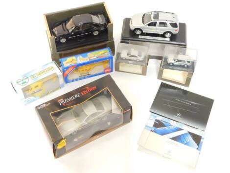 Mercedes Benz die cast models, comprising an ML class scale 1:18, B class scale 1:18, two further scale 1:43, together with associated paperwork, a Maisto Mercedes Benz SL55 AMG, scale 1:18 and two models of air ambulances, all boxed. (1 tray)