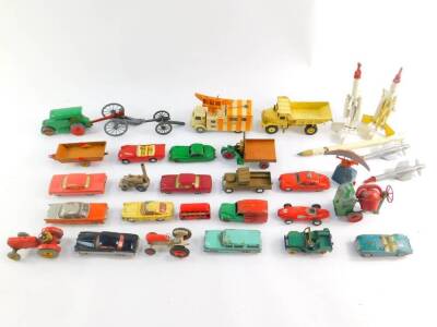 Dinky, Corgi and other die cast motor cars, lorries, farm vehicles and rockets, including a Corgi Karrier game, Dinky moto cart, and a Corgi Airfield Raider, playworn. (1 tray)