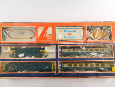 A Lima models HO scale motor rail express set, with two diesel engines, two coaches, car transporter, etc, 2164A W, boxed.