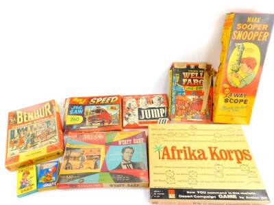 Games and toys, including a Marx Super Snooper four way scope., Game of Afrika Korps., Lennie Lion's Snap and Jump. (1 tray, plus)