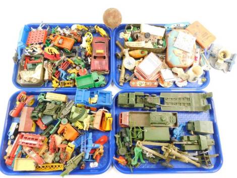 Dinky Budgie Lesney and other die cast vehicles, military and commercial, together with figures and sundry toys, etc. (4 trays)