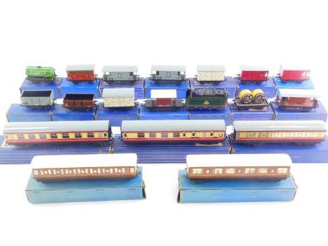 Hornby OO gauge coaches, together with wagons, boxed. (1 tray)