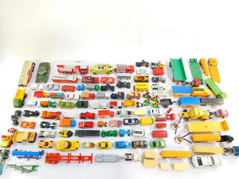 Corgi Matchbox and other die cast sports cars, lorries, public service and military vehicles, together with a Tonka tractor, New Ray BMW K1200LT (boxed), Burago Chevrolet Corvette 1957, and a GAF View Master. (4 trays)