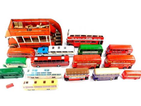 A tin plate model of a vintage double decker bus, 43cm wide, together with Tri-ang, Corgi and other die cast models of double decker buses and coaches, further buses, etc. (2 boxes plus)