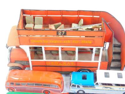 A tin plate model of a vintage double decker bus, 43cm wide, together with Tri-ang, Corgi and other die cast models of double decker buses and coaches, further buses, etc. (2 boxes plus) - 2