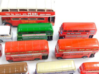 A tin plate model of a vintage double decker bus, 43cm wide, together with Tri-ang, Corgi and other die cast models of double decker buses and coaches, further buses, etc. (2 boxes plus) - 4