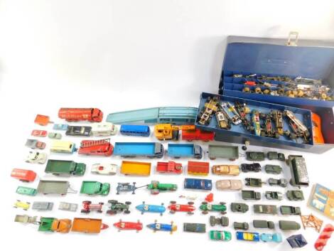 Dinky and other die cast vintage lorries, trucks, cars, military vehicles, etc., playworn, together with a kit box of Scalextric part cars. (1 box plus)