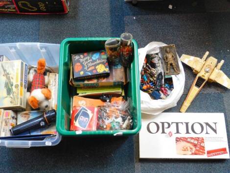 Mixed games, Subbuteo, plastic farm animals, board games, battery operated animals, Matchbox aeroplane kits, Star War figures, etc. (2 boxes)