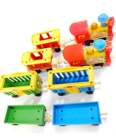 Fisher Price Circus Trains (991), comprising a pair of locomotives, two flat bed wagons and four animal cage wagons. (8)