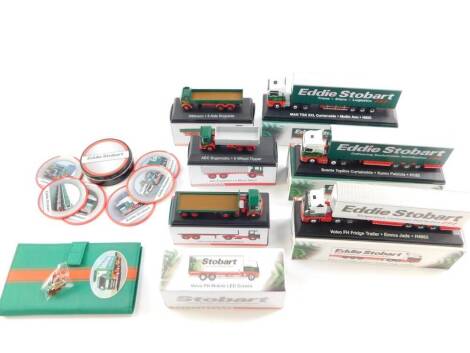 Seven Atlas Editions die cast Eddie Stobart models, Special Edition, scale 1:76, boxed, together with an Eddie Stobart collection tin of drinks coasters, and an Eddie Stobart wallet. (1 tray)