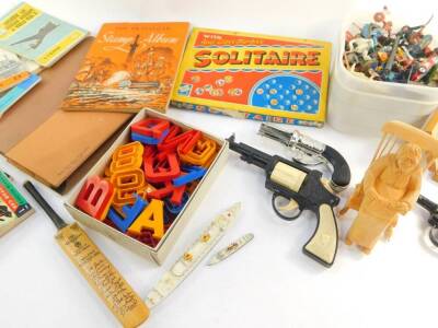Plastic military figures, including Britain's Knights, Solitaire, Joustra French tin plate friction driven Sedan car, joke ink bottle and blot, pencils and sundry collectables, etc. (1 box) - 3