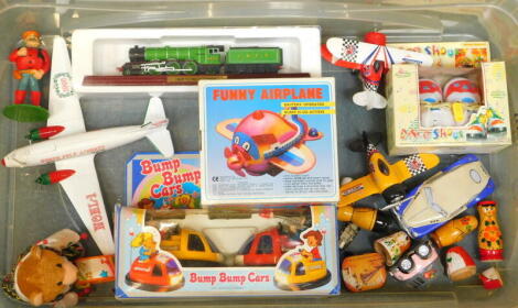 Toys and collectables, to include bump bump cars, LNER Flying Scotsman model, modern tin plate, etc. (1 box)