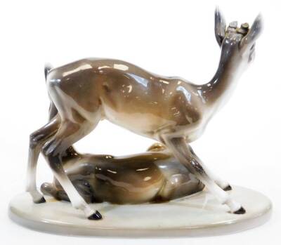 A Goldschieder Art Deco figure of two deer, model number 4760/49/6, artist initial F, 29cm high, 37cm wide. (antlers missing) - 3