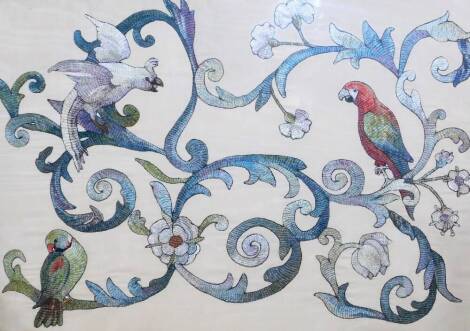 A wool work picture of parrots, in scrolling foliage, needlework on silk, oak framed, 78cm x 112cm.