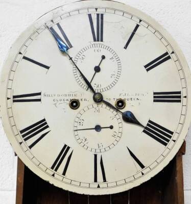 William Dobbie, Falkirk. A 19thC Scottish mahogany drumhead longcase clock, with a carved scroll case raised above a widening trunk with arched door, on a panel base terminating in compressed bun feet, the 34cm diameter Roman numeric dial with subsidiary - 3