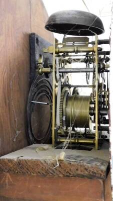 William Dobbie, Falkirk. A 19thC Scottish mahogany drumhead longcase clock, with a carved scroll case raised above a widening trunk with arched door, on a panel base terminating in compressed bun feet, the 34cm diameter Roman numeric dial with subsidiary - 4