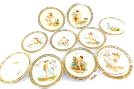 A Minton late 19thC porcelain part dessert service, painted with putti and children in outdoor pursuits, within a pierced turquoise blue and gilt border, date, cipher and lozenge for 1876, artist's monogram CV, retailer's printed mark for Phillips Art Pot