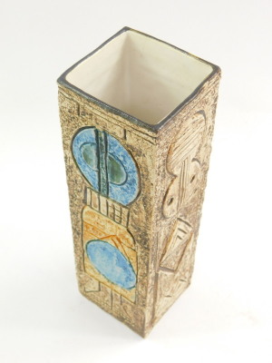 A Troika pottery vase, decorated by Avril Bennet, of rectangular section, carved and painted with geometric motifs, painted mark, 22cm high. - 3